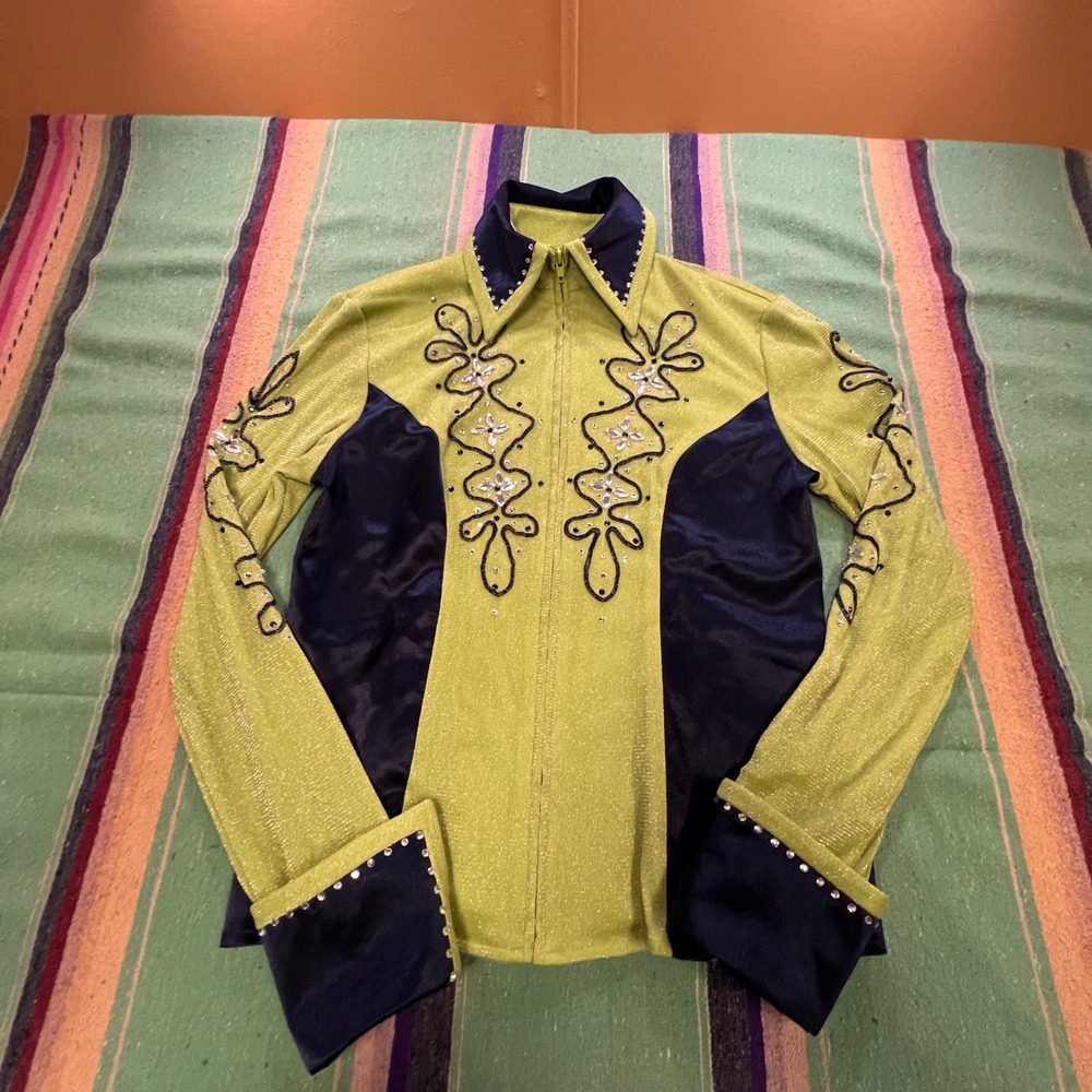 Rod's Western Show Shirt Womens M Green Navy Rhinestone Metallic Equestrian BA11